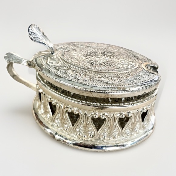 Other - Vintage Italian Crystal Sugar Bowl Silver Plate Hearts Made in Italy Candy‎ Dish